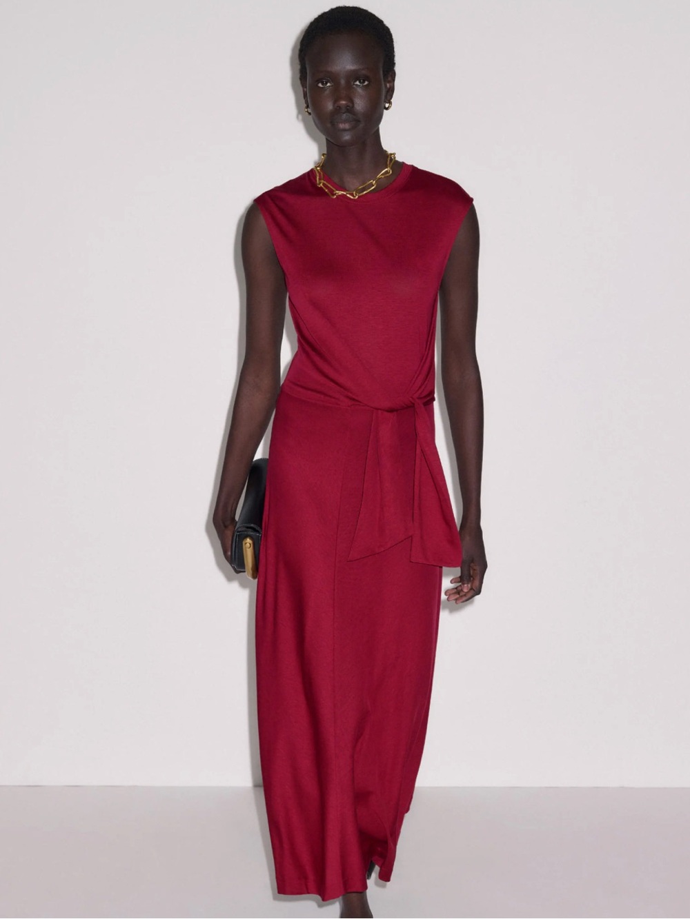 ME+EM Tie Front Maxi Dress Fluid Cotton Jersey in Pomegranate Red